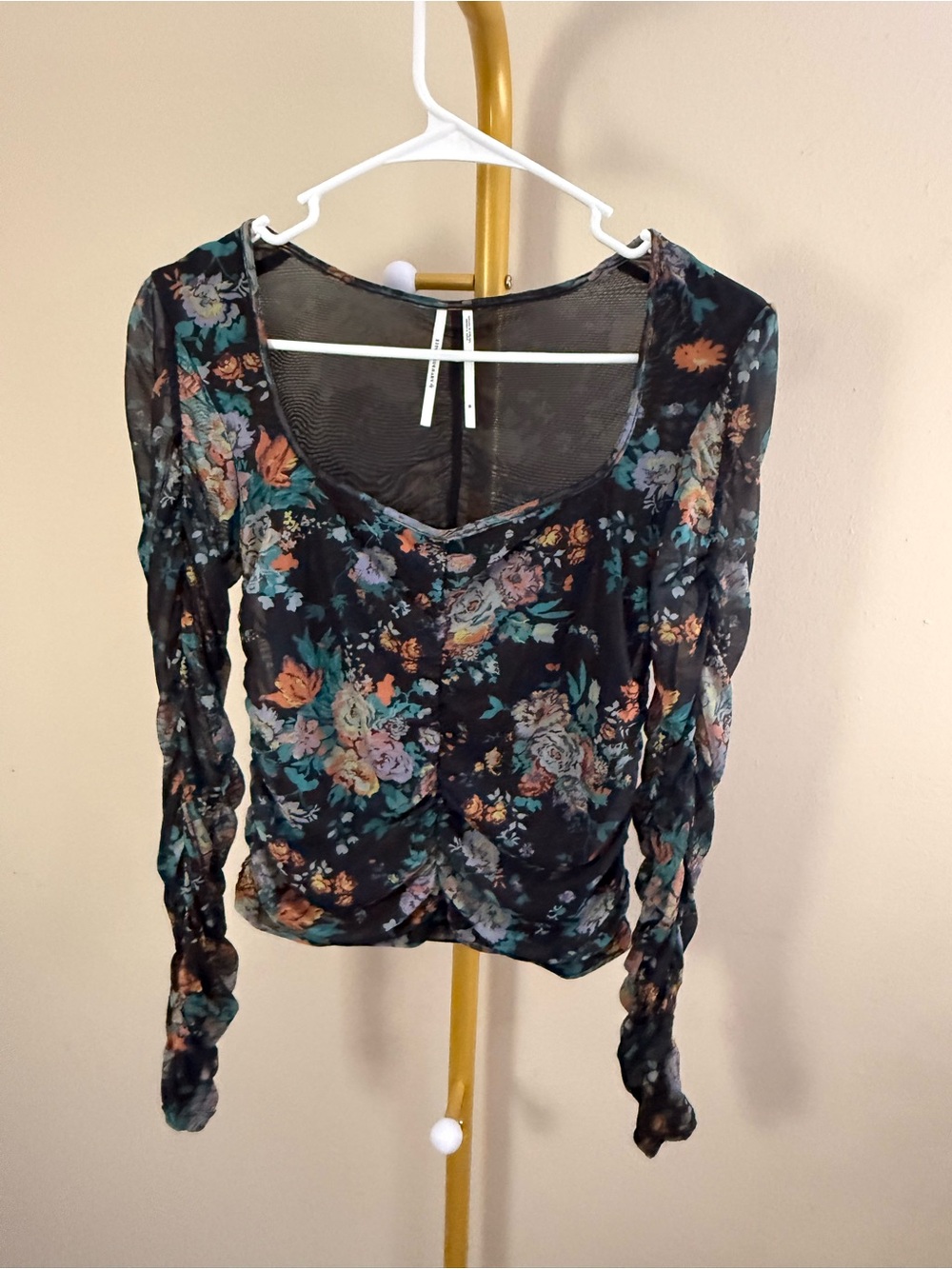 Anthropologie Black Sheer Floral Ruched Long-Sleeve Top